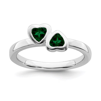 Sterling Silver Stackable Expressions Cr. Emerald Double Heart Ring | QSK402 ,