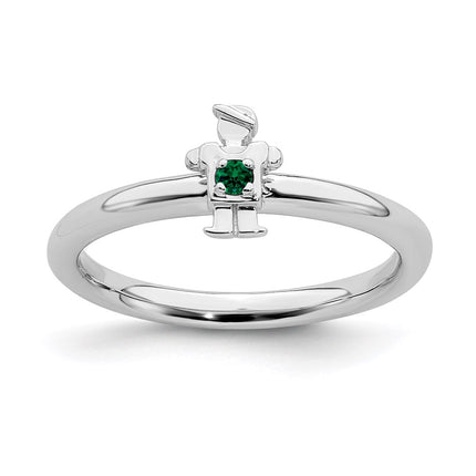 Sterling Silver Stackable Expressions Rhodium Cr. Emerald Boy Ring | QSK1915 ,