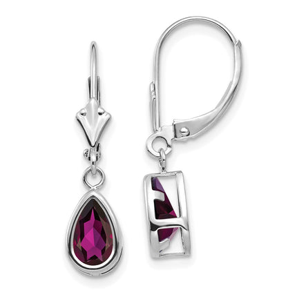 14k White Gold 8x5mm Pear Rhodolite Garnet Leverback Earrings ,