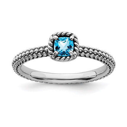 Sterling Silver Stackable Expressions Checker-cut Blue Topaz Antiqued Ring | QSK825 ,