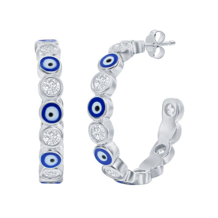 Classic Women's Earrings - Alternating CZ and Navy Blue Enamel Evil Eye Hoop | D-8352 ,