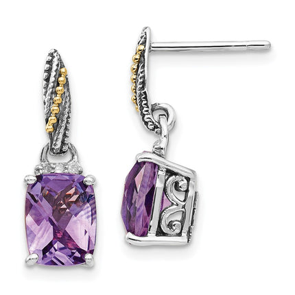 Sterling Silver w/14k Diamond and Amethyst Dangle Post Earrings ,