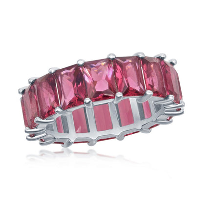 Sterling Silver 6mm Ruby CZ Emerald-Cut-Cut Eternity Band Ring - W-2333 ,