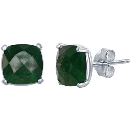 Classic Women's Earrings - Silver May Birthstone Emerald Square Shape Stud | D-6818 ,