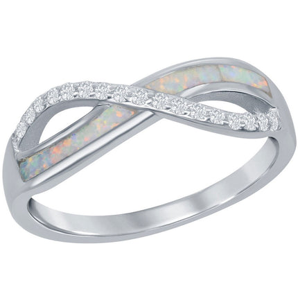 Sterling Silver CZ and White Inlay Opal Infinity Ring ,