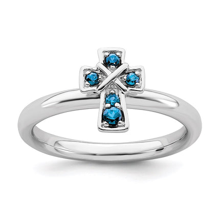 Sterling Silver Stackable Expressions Rhodium Blue Topaz Cross Ring | QSK1641 ,