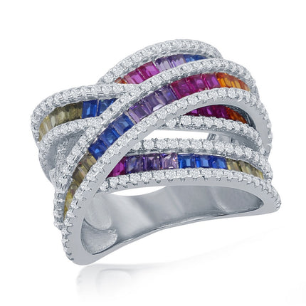 Sterling Silver Rainbow Baguette CZ Double X Ring - W-2435 ,