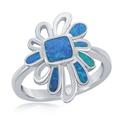 Sterling Silver Blue Inlay Opal Designed Ring - W-2318 ,