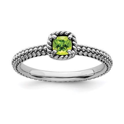 Sterling Silver Stackable Expressions Checker-cut Peridot Antiqued Ring | QSK822 ,