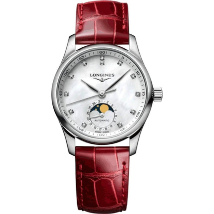 Longines Women's Watch - Master Diamond White MOP Dial Red Leather Strap | L24094872 ,