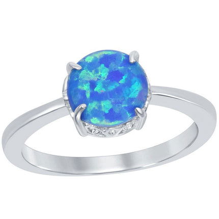 Women's Ring - Silver Four-Prong Round Blue Inlay Opal, Size 9 | W-1851-9 ,