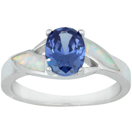 Opalata Women's White Opal with Blue Oval CZ Ring - W-1209 ,