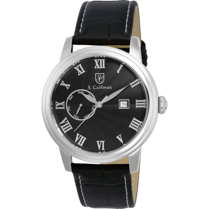 S. Coifman Men's Watch - Heritage Quartz Black Dial Leather Strap Day-Date | SC0387 ,