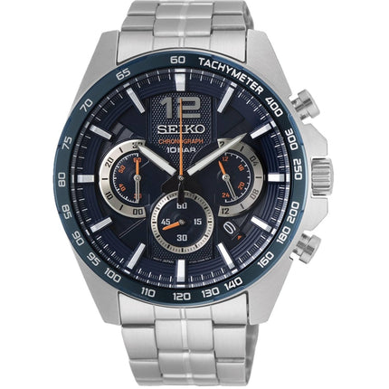 Seiko Men's Chronograph Watch - Essentials Blue Dial Silver Tone Bracelet | SSB345 ,