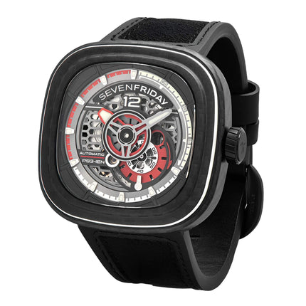 SevenFriday Men's Watch - P-Series Ruby Carbon Black Strap Power Reserve | PS3-02 ,