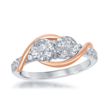 Sterling Silver and Rose GP Us2gether Two-Stone CZ Ring - W-1695 ,