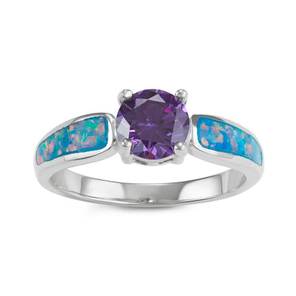 Sterling Silver Blue Green Fire Inlay Opal with Center Amethyst CZ Ring ,