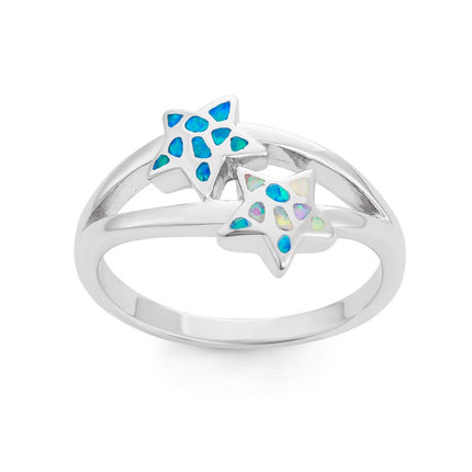 Sterling Silver Blue Inlay Opal Double Starfish Ring - W-1518 ,
