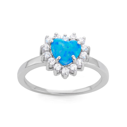 Sterling Silver Blue Inlay Opal Heart with CZ Border Ring - W-1512 ,