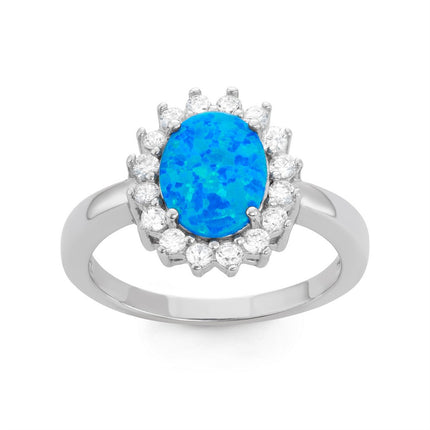 Sterling Silver Blue Inlay Opal Oval with CZ Ring - W-1510 ,