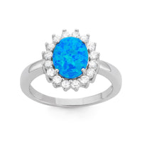 Sterling Silver Blue Inlay Opal Oval with CZ Ring - W-1510 ,