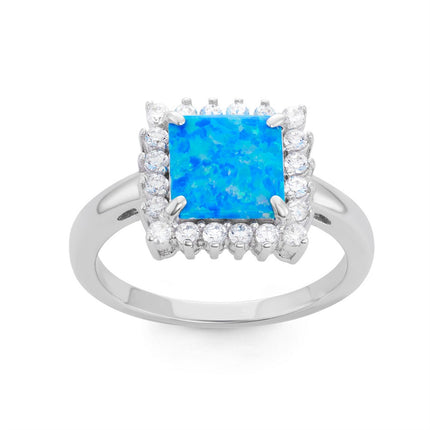 Sterling Silver Blue Inlay Opal Square with CZ Ring - W-1514 ,