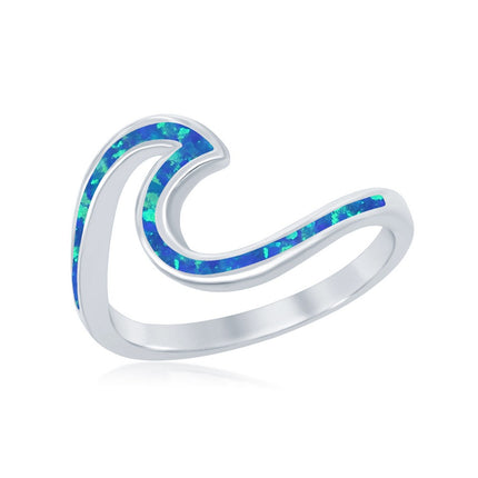 Sterling Silver Blue Inlay Opal Wave Design Ring - W-1886 ,