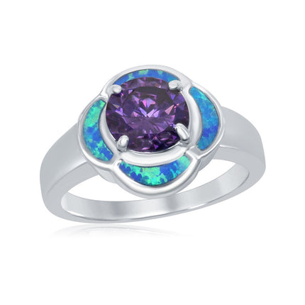 Sterling Silver Blue Opal Flower with Amethyst Ring - W-1437 ,