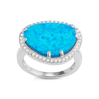 Sterling Silver Blue Opal Rounded Triangle CZ Ring - W-1567 ,