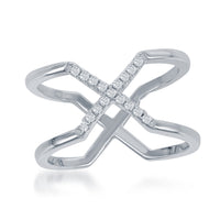 Sterling Silver Center CZ X Double Band Ring - W-1371 ,