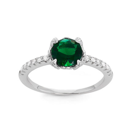 Sterling Silver Center Green Emerald with CZ Band Ring - W-1527 ,