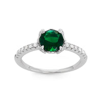 Sterling Silver Center Green Emerald with CZ Band Ring - W-1527 ,