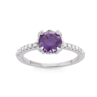 Sterling Silver Center Round Amethyst with CZ Band Ring - W-1526 ,