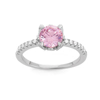 Sterling Silver CZ Band with Center Round Pink CZ Ring - W-1525 ,