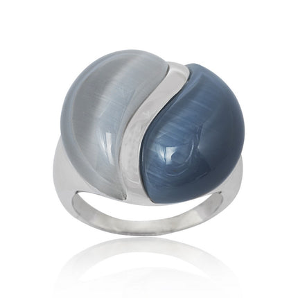 Sterling Silver Dark and Light Blue Cat's Eye Ring, Size 7 ,