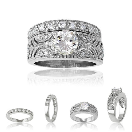 Sterling Silver Designed Clear CZ Ring Wedding Band - W-8035 ,