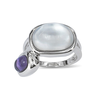 Sterling Silver Doublet MOP and Amethyst Ring, Size 9 ,