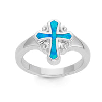 Sterling Silver Fancy Blue Inlay Opal Cross Ring - W-1360 ,