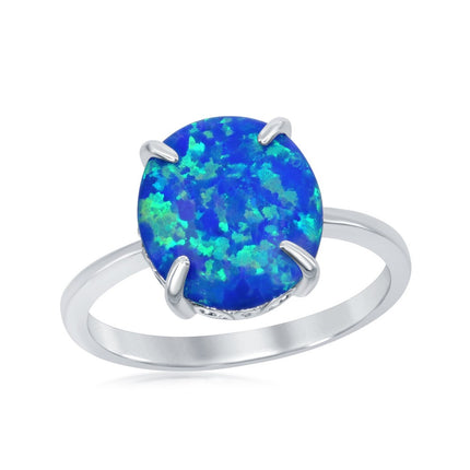 Sterling Silver Four-Prong Blue Inlay Opal Oval Ring - W-1830 ,