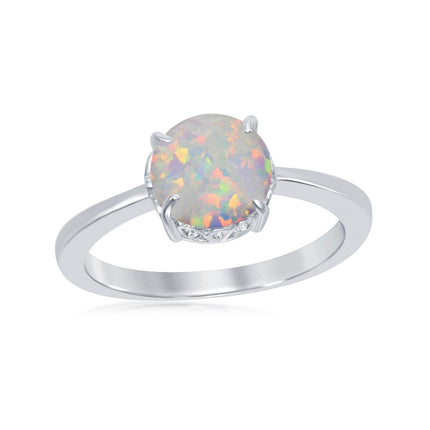 Sterling Silver Four-Prong Round White Inlay Opal Ring - W-1852 ,