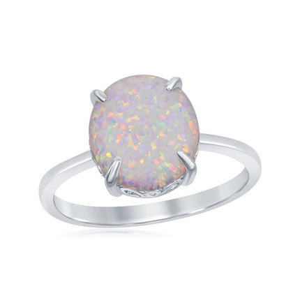 Sterling Silver Four-Prong White Inlay Opal Oval Ring - W-1850 ,
