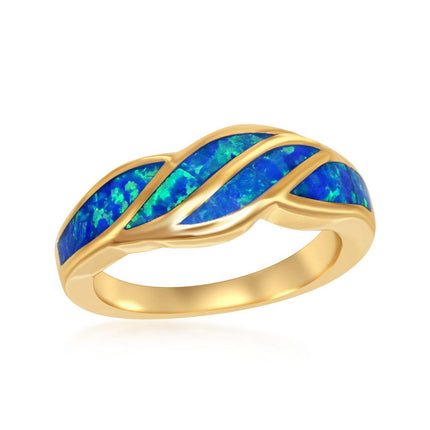 Sterling Silver GP Blue Inlay Opal Wave Design Ring - W-1900 ,