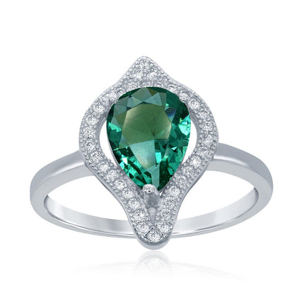 Sterling Silver Large Teardrop Emerald with CZ Ring - W-1760 ,