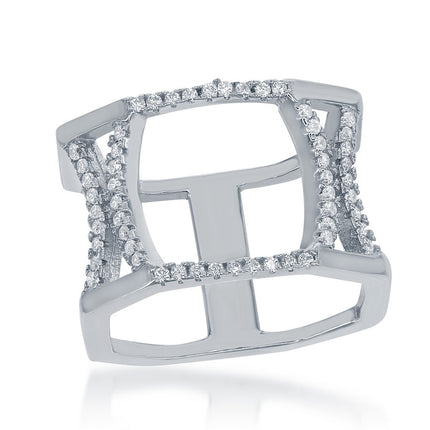 Sterling Silver Open Double CZ X Octangle Ring - W-1374 ,
