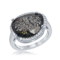 Sterling Silver Oval Black Ice with CZ Border Ring - W-1772 ,