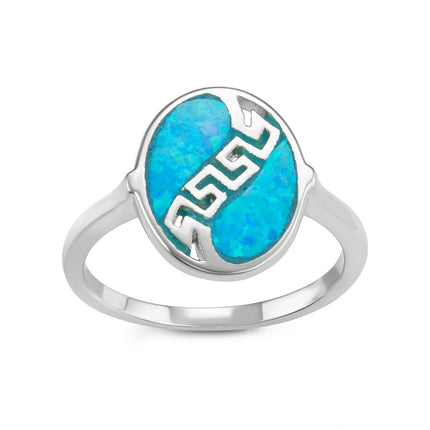 Sterling Silver Oval Blue Opal Greek Key Design Ring - W-1571 ,