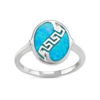 Sterling Silver Oval Blue Opal Greek Key Design Ring - W-1571 ,