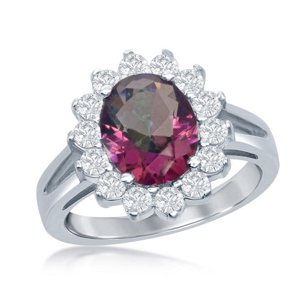 Sterling Silver Oval Rainbow CZ with Stud Ring - W-1316 ,