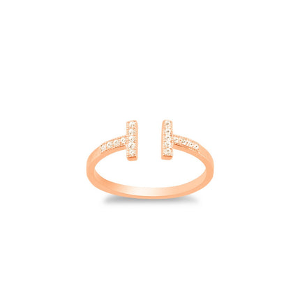 Sterling Silver Rose Gold Plated CZ Double T Ring - W-1320 ,