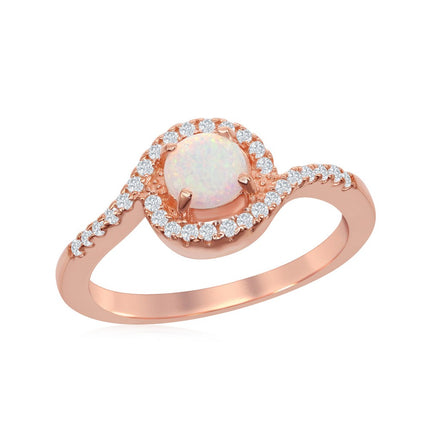 Sterling Silver Rose GP Round White Opal with CZ Ring - W-1912 ,